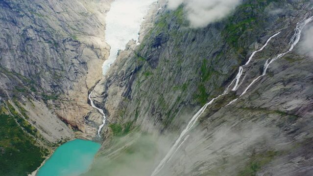 Drone's View Of Briksdalsbreen Glacier And Blue Lake