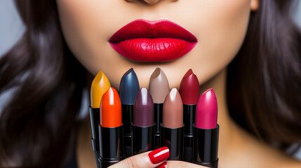 Makeup artist showcasing array of lipstick shades to camera. - obrazy, fototapety, plakaty