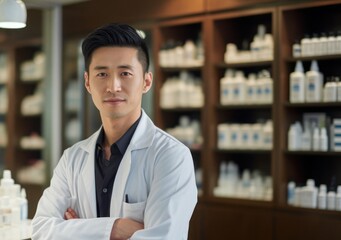Asian Male Pharmacist Employee Lifestyle Background Generative AI