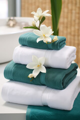 Fototapeta na wymiar spa towels on blue wooden table with orchid