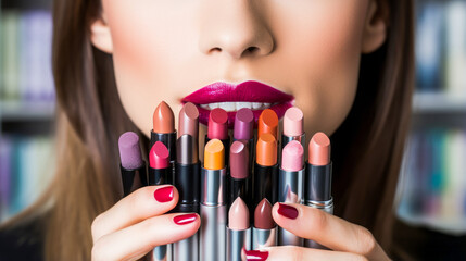 Makeup artist presenting various lipstick shades to camera. - obrazy, fototapety, plakaty