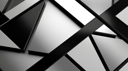 Abstract composition of intersecting geometric shapes in black and white. Modern, minimalistic, and visually striking graphic design with clean lines, bold angles, and symmetrical patterns