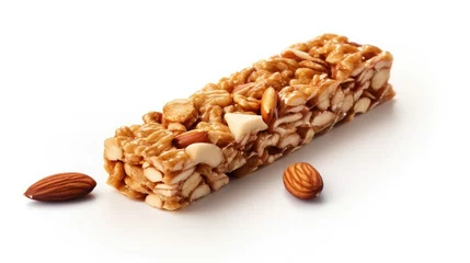Fotobehang A close-up, high-resolution stock image of a golden-brown rectangular muesli bar on a clean white background. The bar has a visible texture with individual grains, oats, and nuts © Aidas