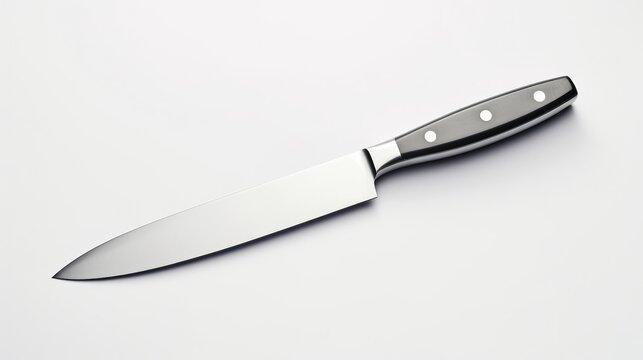 A high-quality stock image of a sharp, stainless steel kitchen knife with intricate details. The knife is well-lit, reflecting light on its shiny, glossy blade and handle