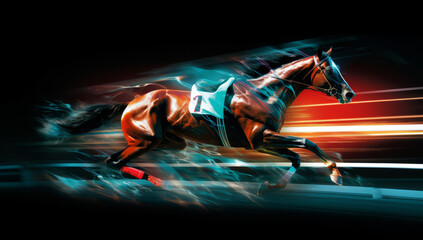 a jockey is riding his horse on a dark night
