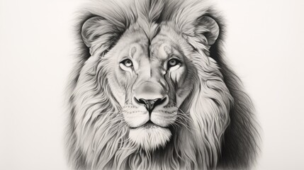 Majestic lion with intense gaze, intricate mane, and sharp focus in a hyper-realistic pencil drawing. A powerful and regal portrait capturing the wild beauty and strength of the king of the jungle. F