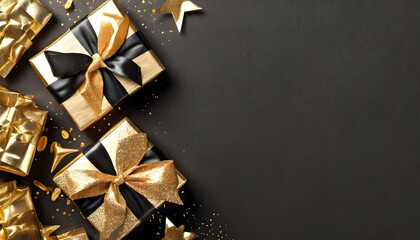 Elegant Black and Gold Gift Wrapping on Black Background for Black Friday