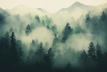 cloud and fog-covered forest - obrazy, fototapety, plakaty