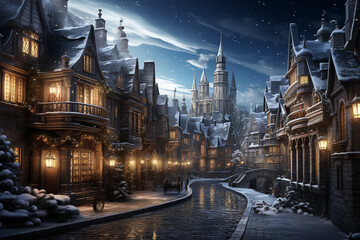 View of night old city in Middle Ages europe, Christmas time. AI Generative - obrazy, fototapety, plakaty