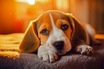 Cute beagle puppy resting on an orange plaid. portrait of a beautiful Beagle puppy. Dog relaxing on the carpet.