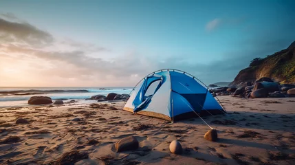 Foto op Plexiglas Disassembled blue tent on sandy beach at seacoast. Adventure travel concept. © leo_nik