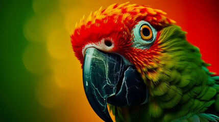 Green parrot with red beak on orange background.