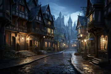 View of night old city in Middle Ages europe, Christmas time. AI Generative - 671837846