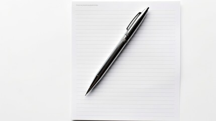 Silver ballpoint pen on a white background, reflecting light with precision. Sleek, minimalist design for professional writing and note-taking