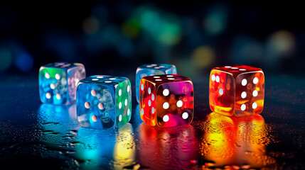 Multi-colored dice on a black background. Symbol of game and excitement. - obrazy, fototapety, plakaty