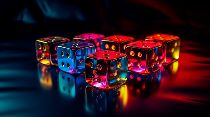 Multi-colored dice on a black background. Symbol of game and excitement.