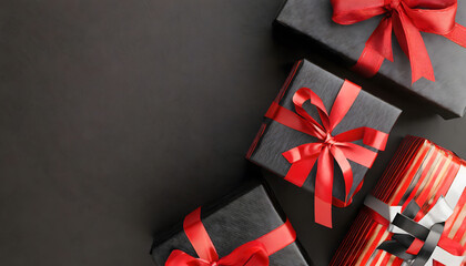 Chic Black and Red Gift Wrapping on a Stylish Black Background for Black Friday