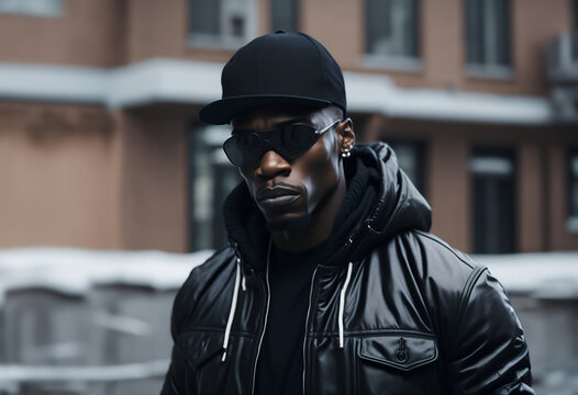 Casually Dressed Rapper In A Baseball Cap And Leather Jacket. Portrait Of A Hip Hop Artist On The Street