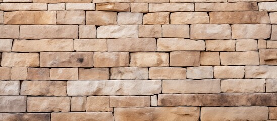 The wall of an aged stone is composed of sandstone in a beige color along with coquina forming a rough and consistent masonry pattern resembling cobblestone