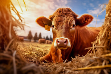 Red Cattle, lying on hay at spring field. Orange breed cow for meat and milk. Farming,
