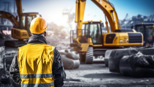 A construction worker observes multiple construction sites
