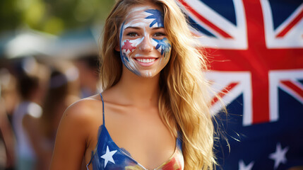 Australian girl with Australian flag make up Happy Australia day - obrazy, fototapety, plakaty