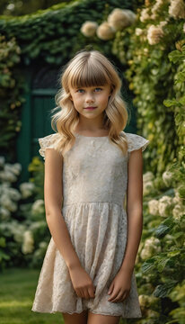 cute young blonde fashion model, smiling. garden background, summer dress, generative ai