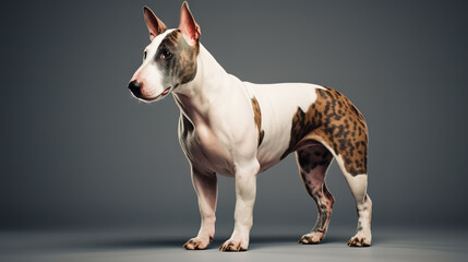 Spotted bull terrier standing on a gray background.