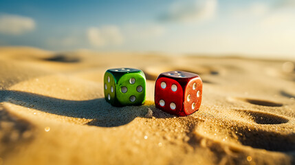 Two red and green dice in the sand on the background of beach and sea. - obrazy, fototapety, plakaty