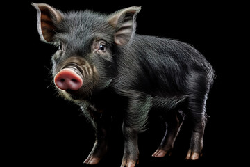 Vietnamese pot-bellied pig. Cute little black piglet. Pig breeding.