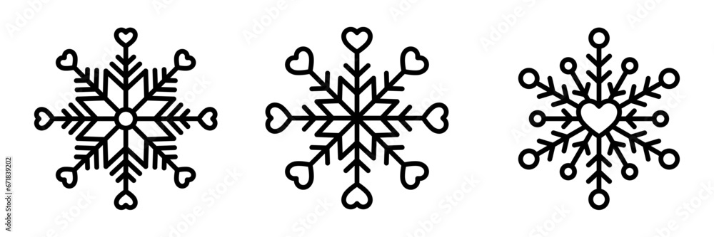 Poster Snowflake outline icons vector set. Graphics Design elements for Valentine's day, Christmas or New year decorations. Editable Stroke Vector 