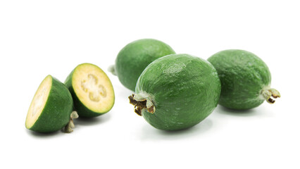 Fresh ripe feijoa whole and half isolated on white background.