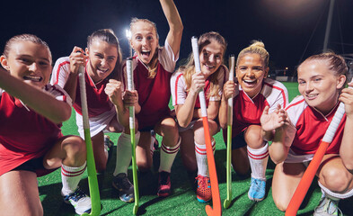 Hockey team, women winner or happy portrait for success, goal or celebration for match, game or...