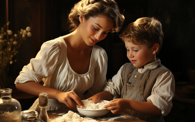 Uśmiechnięta mama i dziecko wspólnie przygotowują ciasto do pieczenia w kuchni. - obrazy, fototapety, plakaty