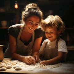 Fotobehang Uśmiechnięta mama i dziecko wspólnie przygotowują ciasto do pieczenia w kuchni. © siwyk