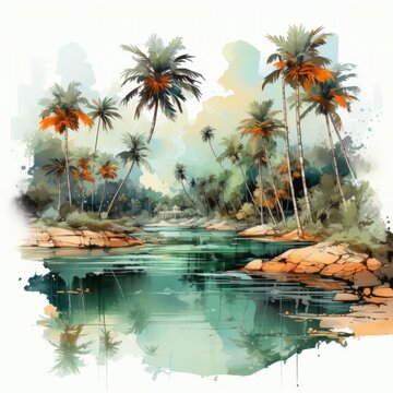 Beautiful poster drawn in watercolor style, Summer landscape, desert island, palm trees, sea, sand, rest, relaxation