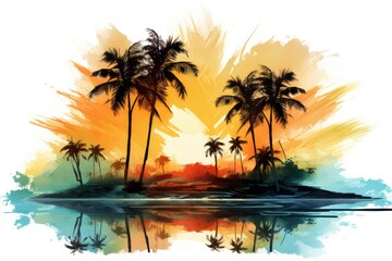 Fototapeta na wymiar Beautiful poster drawn in watercolor style, Summer landscape, desert island, palm trees, sea, sand, rest, relaxation