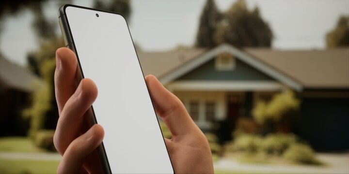 CU Caucasian Male Using His Phone Outdoors Near Residential House