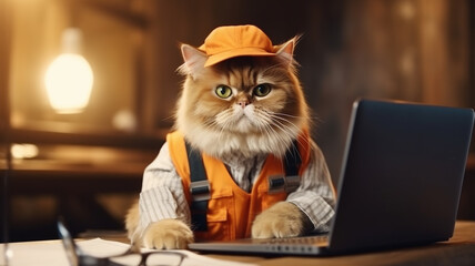 A cat in a hard hat works in front of a laptop in a workshop. - obrazy, fototapety, plakaty