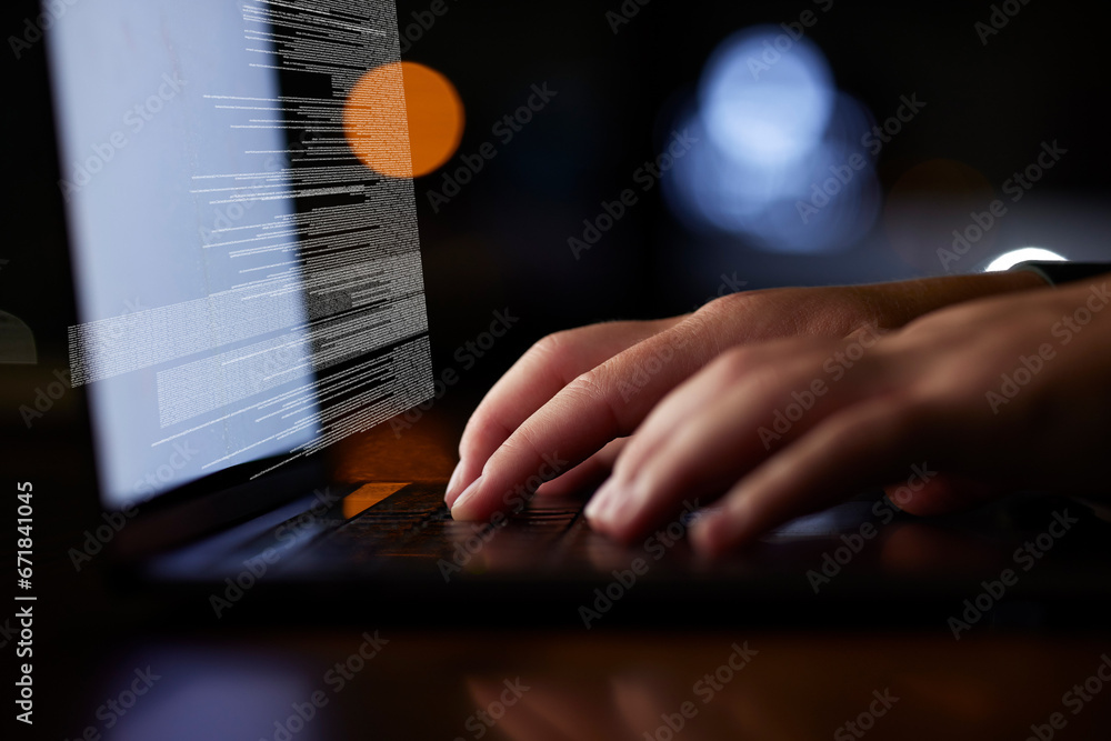 Poster Laptop, coding and hands typing at night with information technology, programming and cybersecurity overlay. Person on computer closeup for software development, tech research and big data analysis