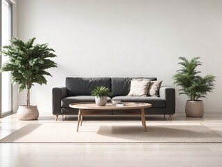 cozy and minimalist living room with black sofa and green plants
