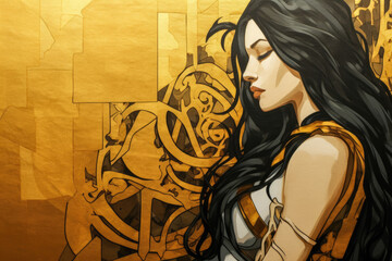 A yellow abstract illustration of a woman with long long dark hair.