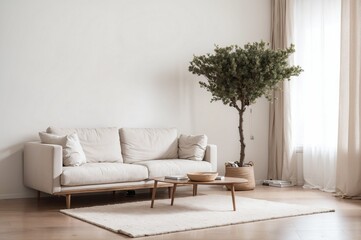 minimalist scandinavian style living room with white sofa, wooden accents, and potted tree in neutral tones