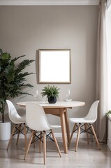 modern, minimalist, scandinavian style dining room with white chairs, wooden table, and green plants
