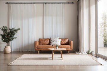 cozy, minimalist, mid-century modern style living room with a brown leather sofa and a plant