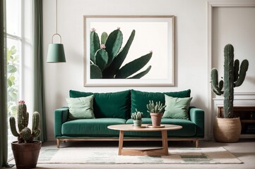 green sofa and cactus in a living room with a white wall and a picture frame

