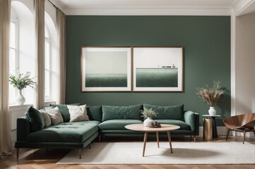 green sofa with pillows and a vase of flowers in a living room with a large window
