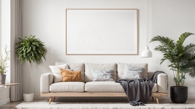 white sofa with cushions and a gray throw blanket in a living room with an empty picture frame and two plants in pots
