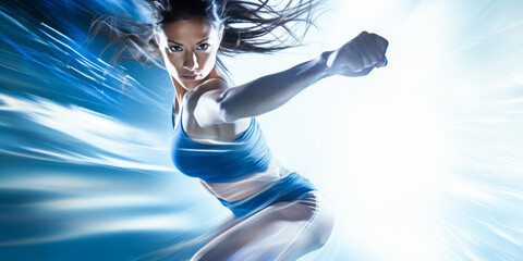 Woman kickboxing fast with motion blur effect.