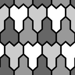 Repeated grey and white puzzle on black background. Seamless surface pattern design with mosaic ornament. Logic games motif. Pavement wallpaper. Digital paper, page fills, web designing, textile print